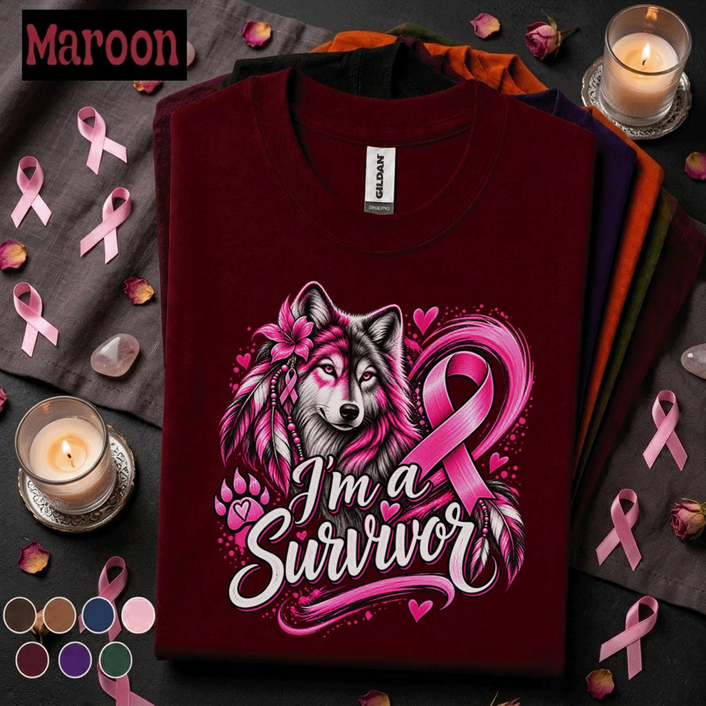 Breast Cancer Survivor Shirt, Pink Ribbon Wolf Tee, Im a Survivor Breast Cancer Awareness Shirt, Warrior Gift for Women, October Pink Tee