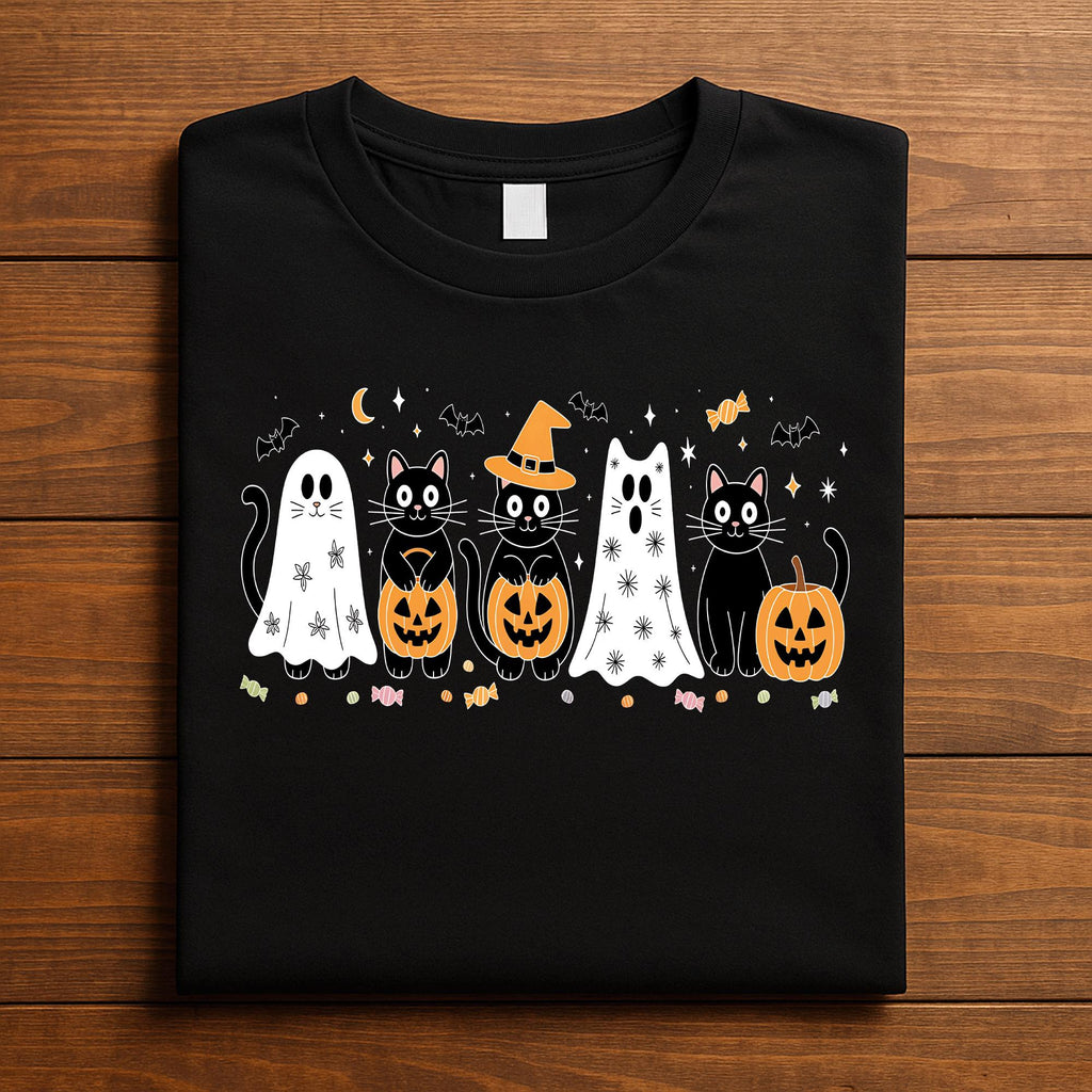Halloween Cats Shirt Ghost Cat Witch Cat Pumpkins, Cute Spooky Cat Lover Tee