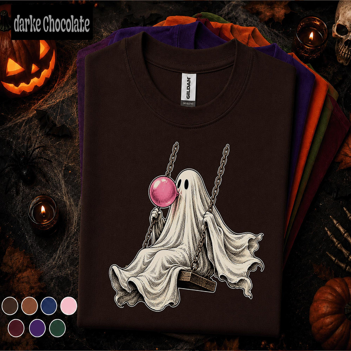 Bubblegum Ghost Halloween Shirt, Cute Ghost on Swing Tee, Pink Spooky Season T Shirt, Retro Halloween Tee, Whimsical Ghost Gift