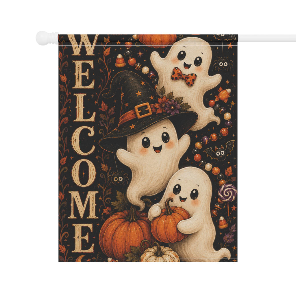 Cute Ghost Halloween Garden Flag, Welcome Witch Pumpkin Yard Decor, Spooky Ghost Outdoor Flag, Whimsical Halloween Porch Decoration