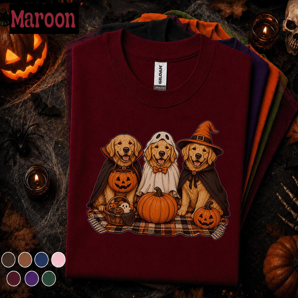 Golden Retriever Halloween Shirt, Three Dogs in Costumes Tee, Cute Ghost Witch Vampire Dog Shirt, Pumpkin Pet Lover Spooky Season Gift