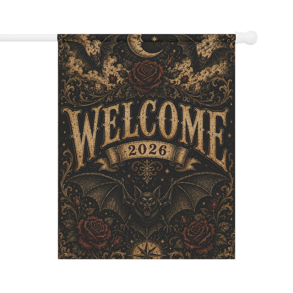 Gothic Bat Halloween Garden Flag, Welcome 2026 Moon Rose Yard Decor, Vintage Witchy Outdoor Flag, Spooky Victorian Halloween Porch Decor