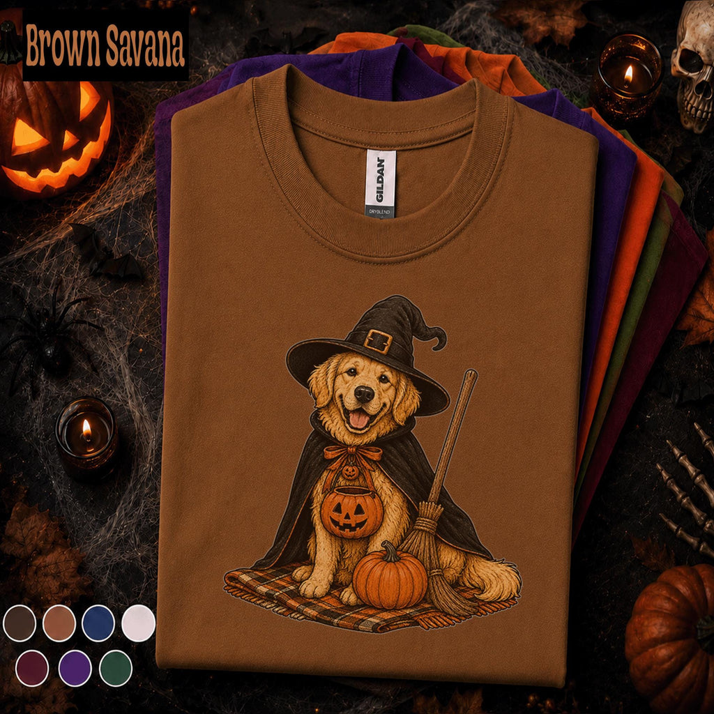 Golden Retriever Witch Halloween Shirt, Cute Spooky Dog Tee, Pumpkin Puppy Shirt, Dog Mom Halloween Gift, Vintage Fall Pet Lover Tee