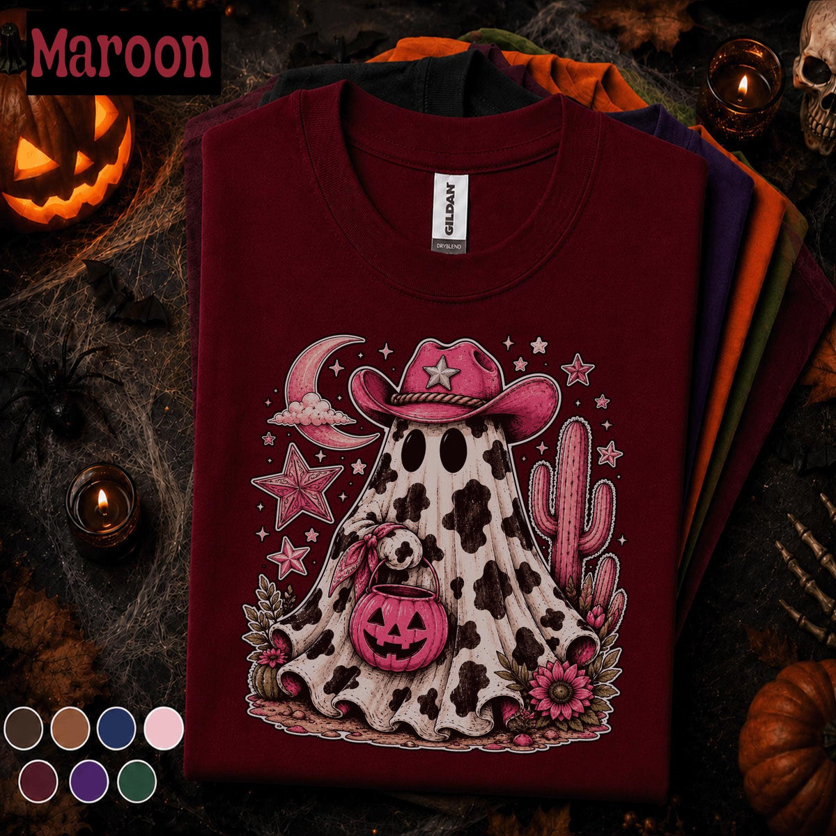 Pink Cowgirl Ghost Halloween Shirt, Western Spooky Season Tee, Cow Print Ghost T Shirt, Cowboy Halloween Gift for Her