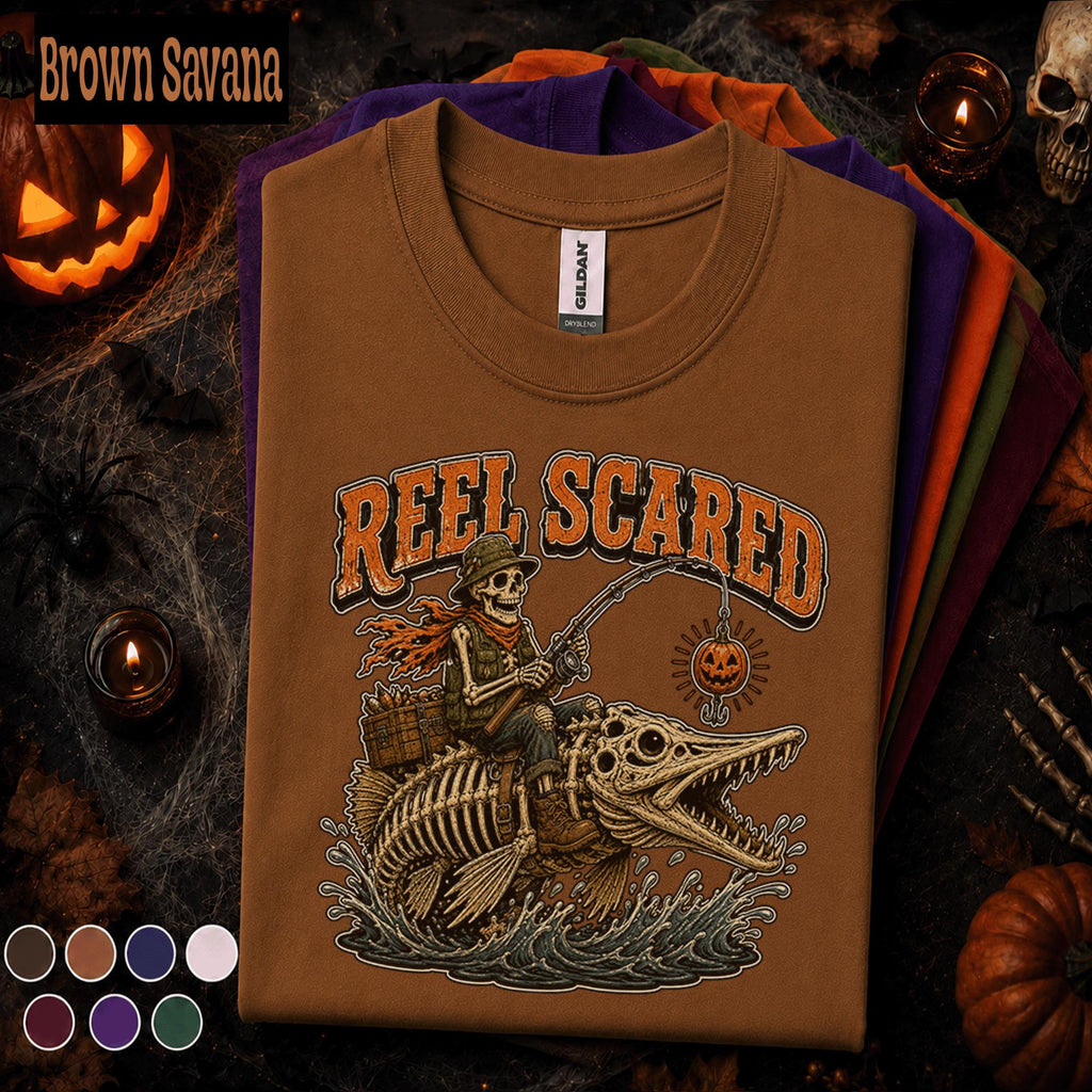 Reel Scared Halloween Fishing Shirt, Skeleton Fisherman Tee, Spooky Angler Gift, Pumpkin Fishing Lure Shirt, Funny Fishing Fall Tee