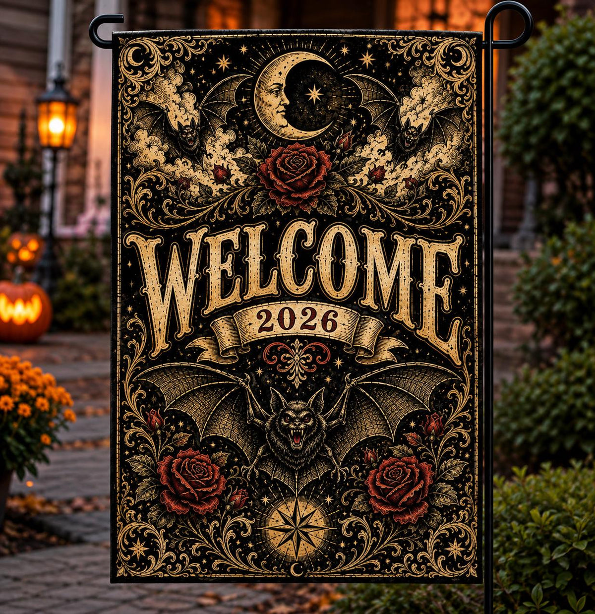 Gothic Bat Halloween Garden Flag, Welcome 2026 Moon Rose Yard Decor