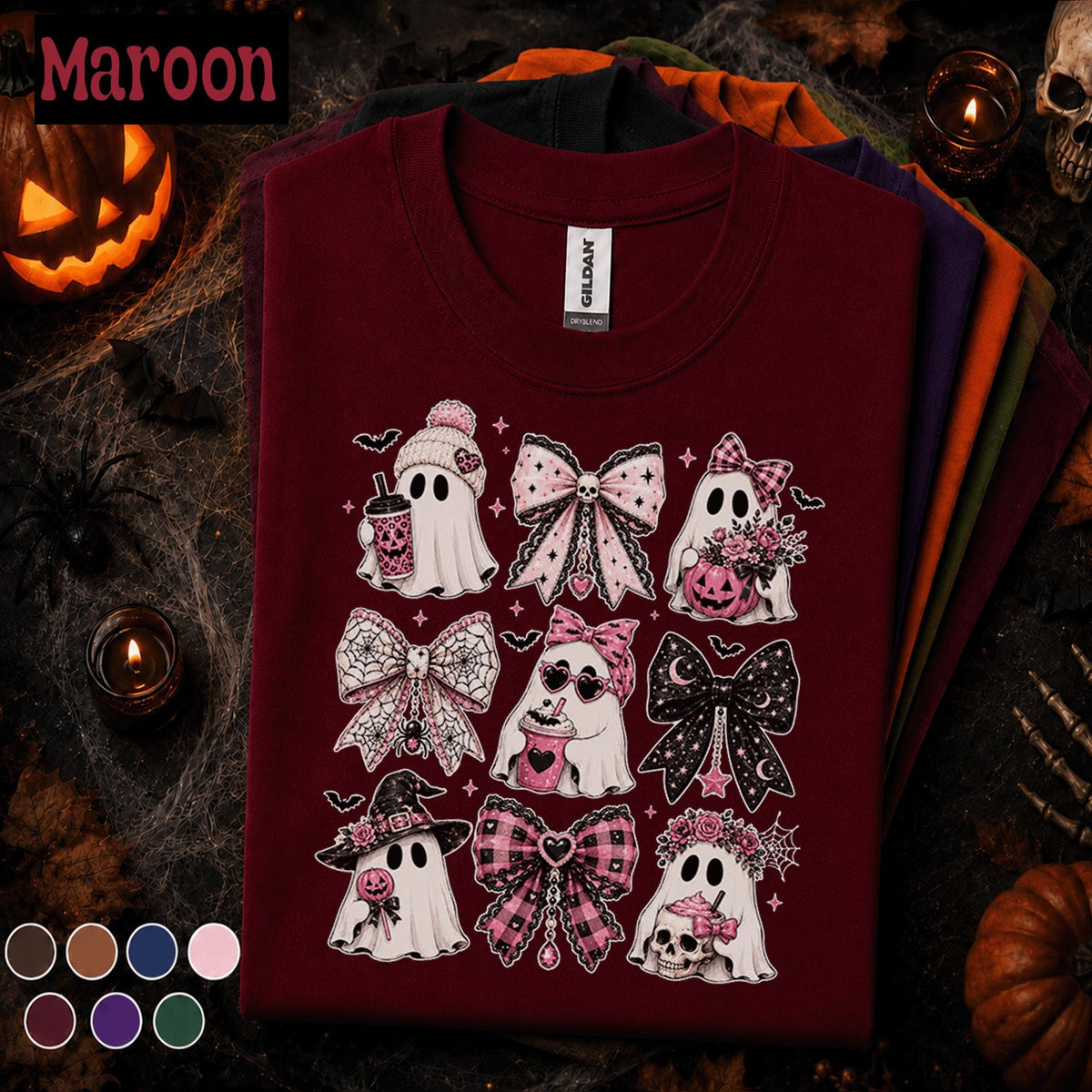 Pink Ghost Halloween Shirt, Coquette Bow Spooky Tee, Cute Girly Ghost Shirt, Pink Halloween Gift, Witchy Bow Ghost Tee