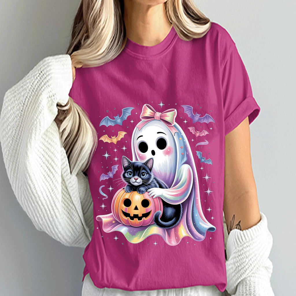 Kawaii Ghost with Cat Pumpkin Shirt, Pastel Halloween Ghost Tee, Spooky Cute Haunted Costume Top for Girls Women Gift, Cute Ghost Sweatshirt