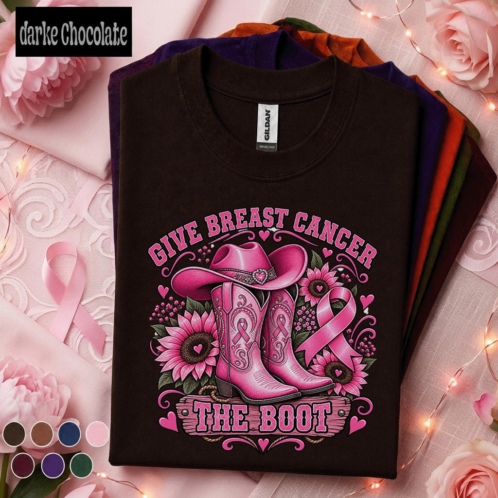 Breast Cancer Awareness Shirt, Give Breast Cancer the Boot Tee, Pink Ribbon Cowgirl Shirt, Western Cancer Fighter Gift for Women Mom