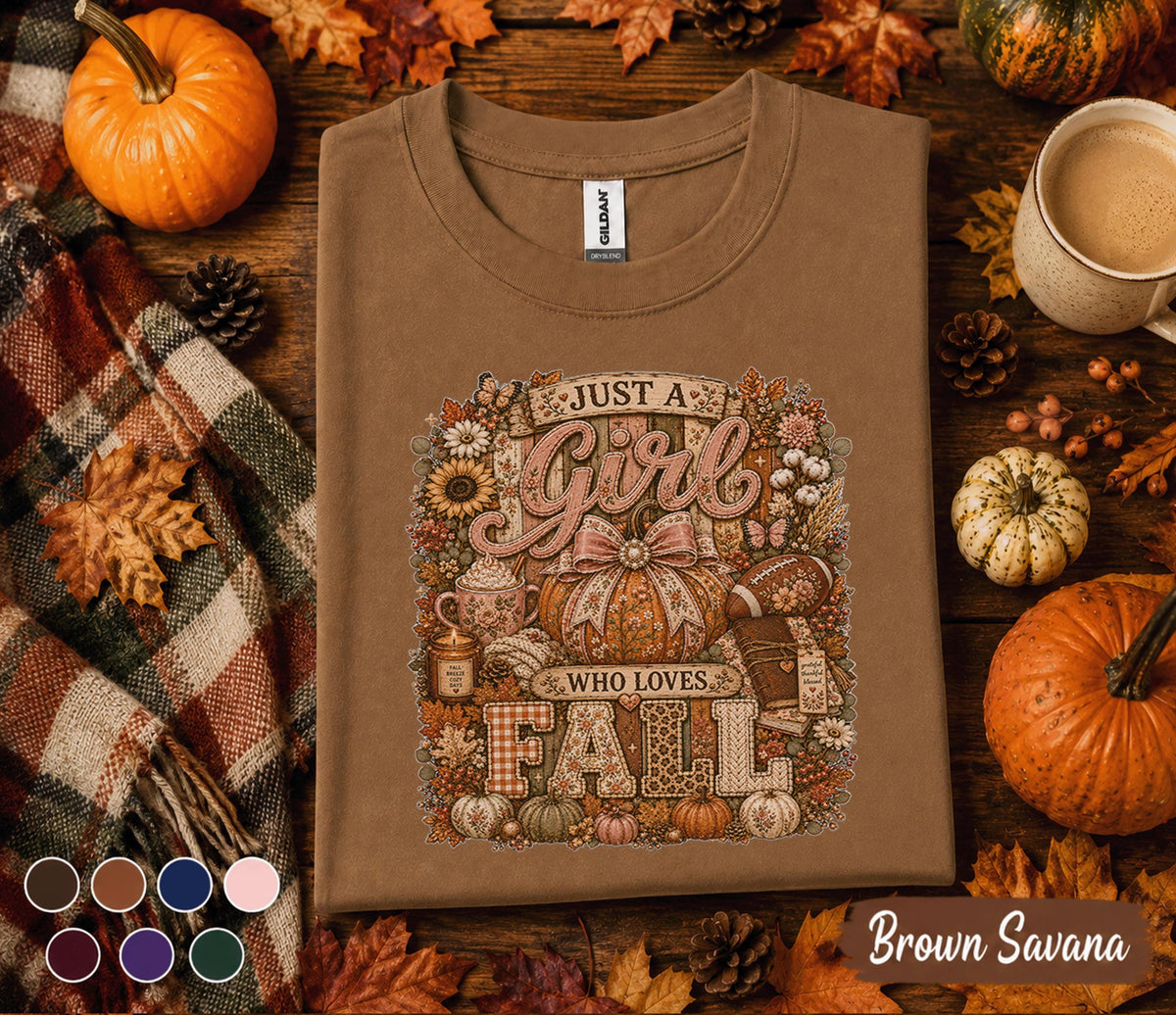 Just A Girl Who Loves Fall Shirt Cute Autumn Pumpkin Tee Coquette Fall Aesthetic Shirt Football Season Thanksgiving Gift