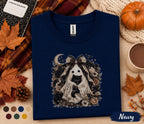 Cute Ghost Cat Halloween Shirt, Black Kitten Boo Tee, Spooky Floral Ghost T-Shirt, Gothic Autumn Cat Lover Gift, Witchy Fall Shirt