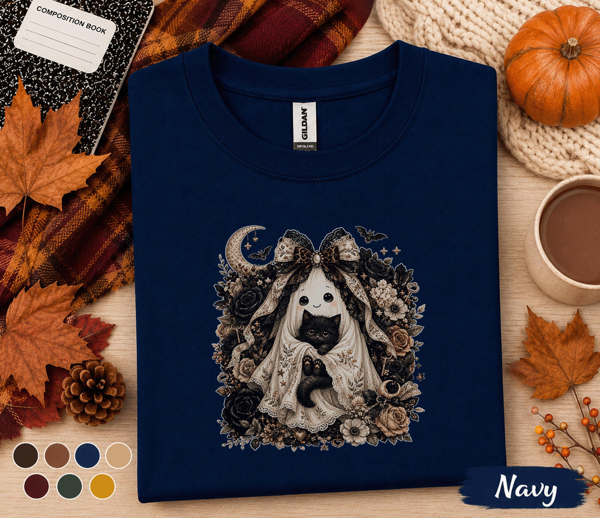 Cute Ghost Cat Halloween Shirt, Black Kitten Boo Tee, Spooky Floral Ghost T-Shirt, Gothic Autumn Cat Lover Gift, Witchy Fall Shirt