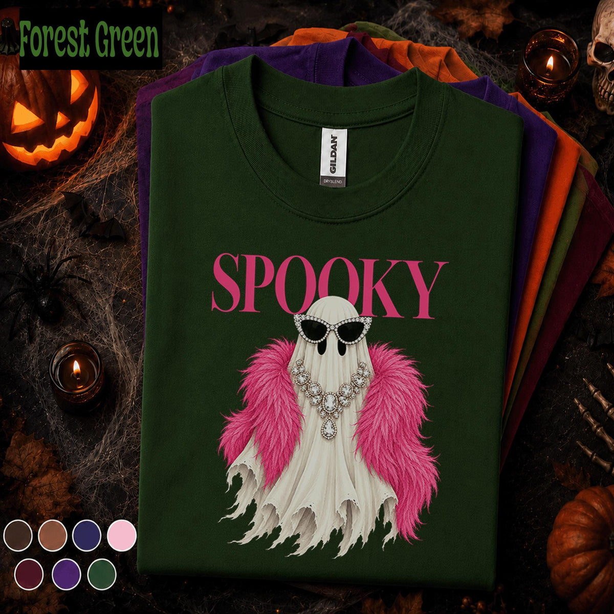 Spooky Glam Ghost Halloween Shirt, Pink Feather Boa Ghost Tee, Rhinestone Sunglasses, Girly Halloween Shirt, Fashionista Gift for Her