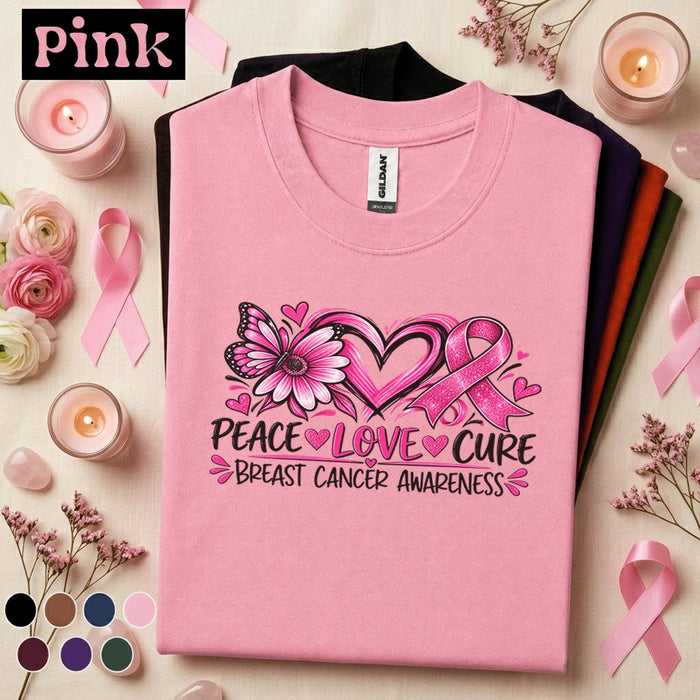 Breast Cancer Awareness Shirt, Peace Love Cure Pink Ribbon Tee