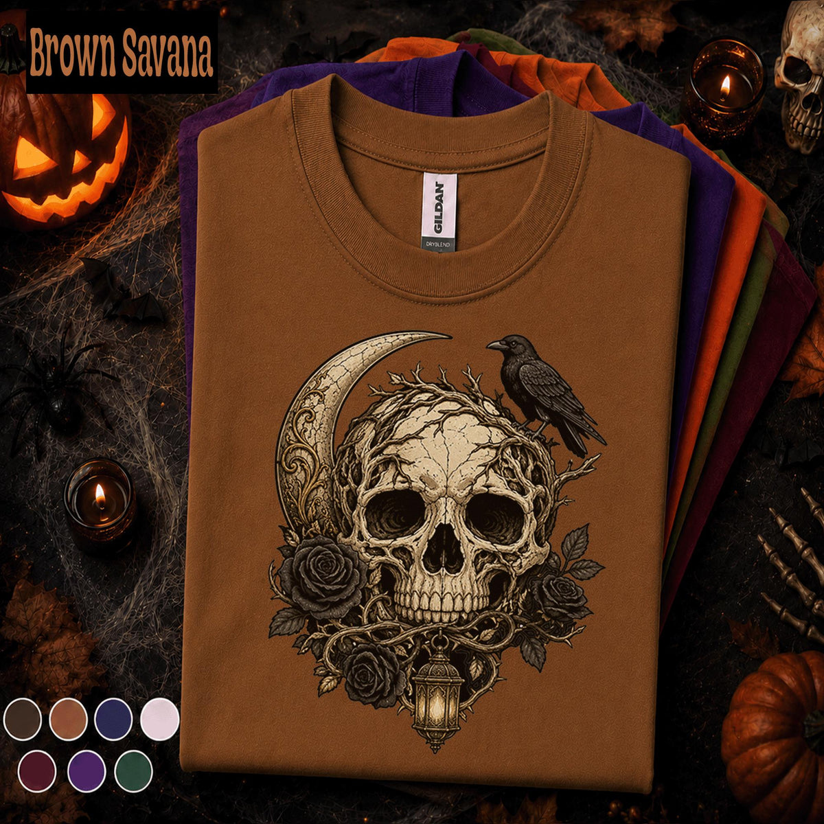 Gothic Skull Halloween Shirt, Raven Crescent Moon Tee
