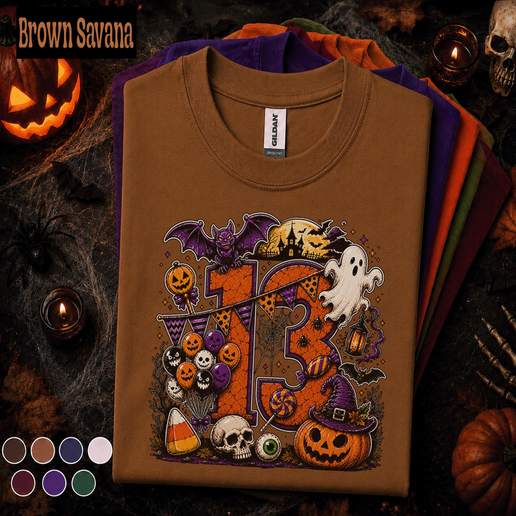 13th Birthday Halloween Shirt, Spooky Number 13 Tee, October Birthday Party Shirt, Ghost Pumpkin Witch Teen Halloween Birthday Gift
