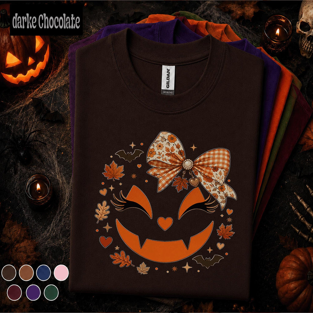 Girly Pumpkin Halloween Shirt, Cute Jack O Lantern Bow Tee, Coquette Spooky Season Shirt, Floral Plaid Fall Tee, Halloween Gift for Women