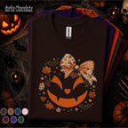 Girly Pumpkin Halloween Shirt, Cute Jack O Lantern Bow Tee, Coquette Spooky Season Shirt, Floral Plaid Fall Tee, Halloween Gift for Women