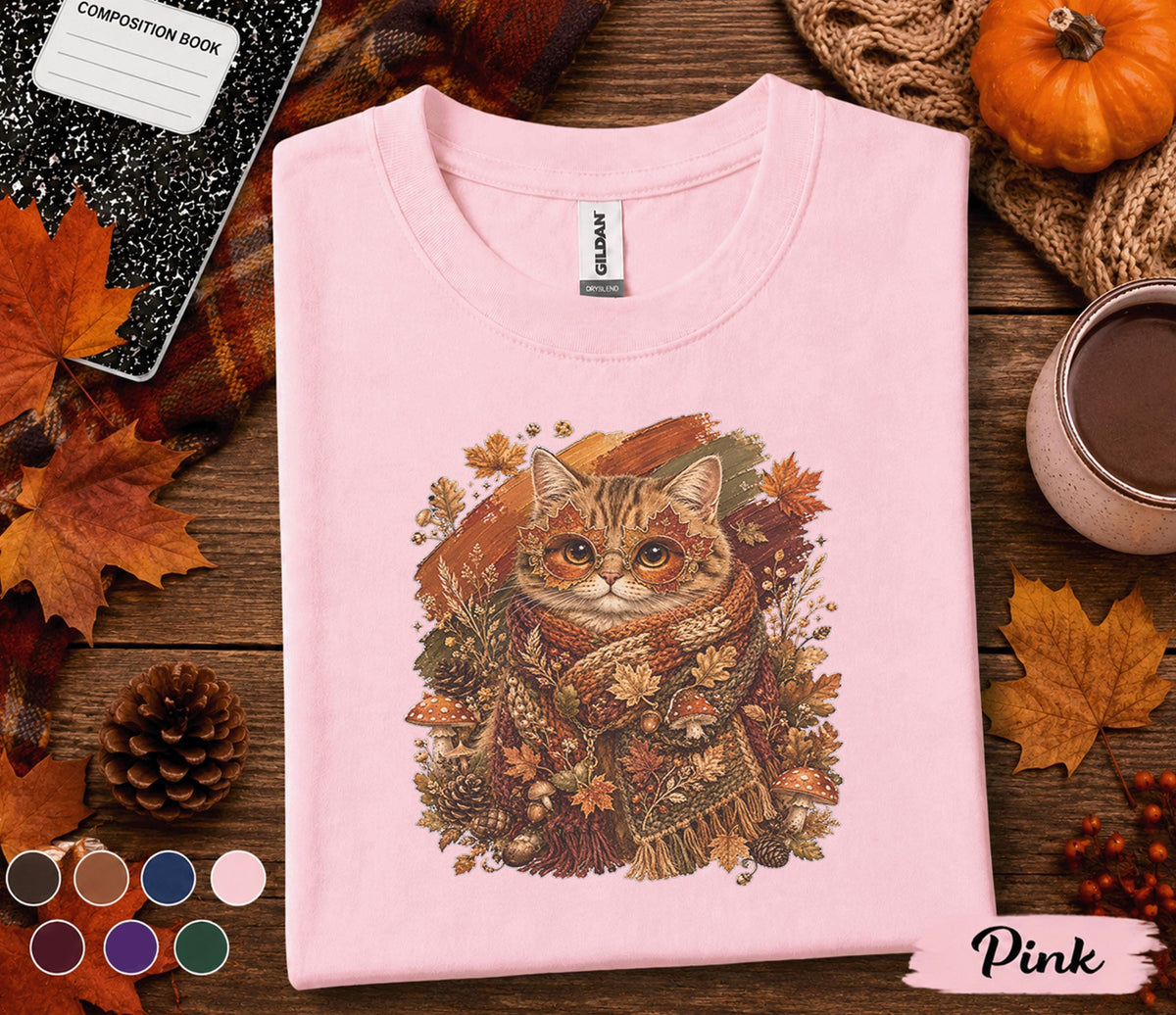 Cute Fall Cat Shirt, Cozy Autumn Kitten with Leaf Glasses Tee, Cottagecore Cat Lover T-Shirt, Pumpkin Season Thanksgiving Gift