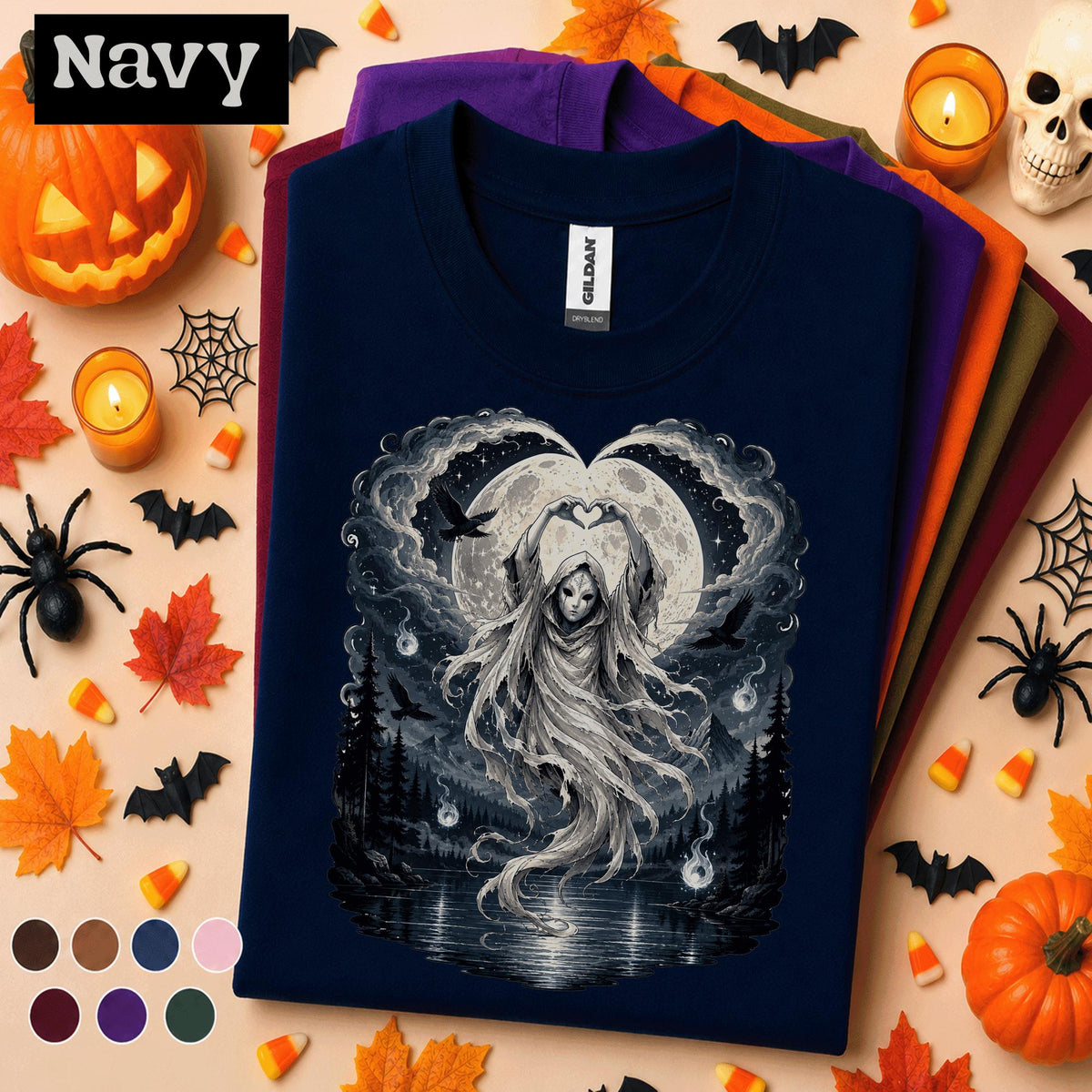 Moon Spirit Halloween Shirt, Gothic Ghost Tee, Dark Fantasy Raven Shirt, Spooky Moon Witchy Art, Mystical Halloween Gift Tee