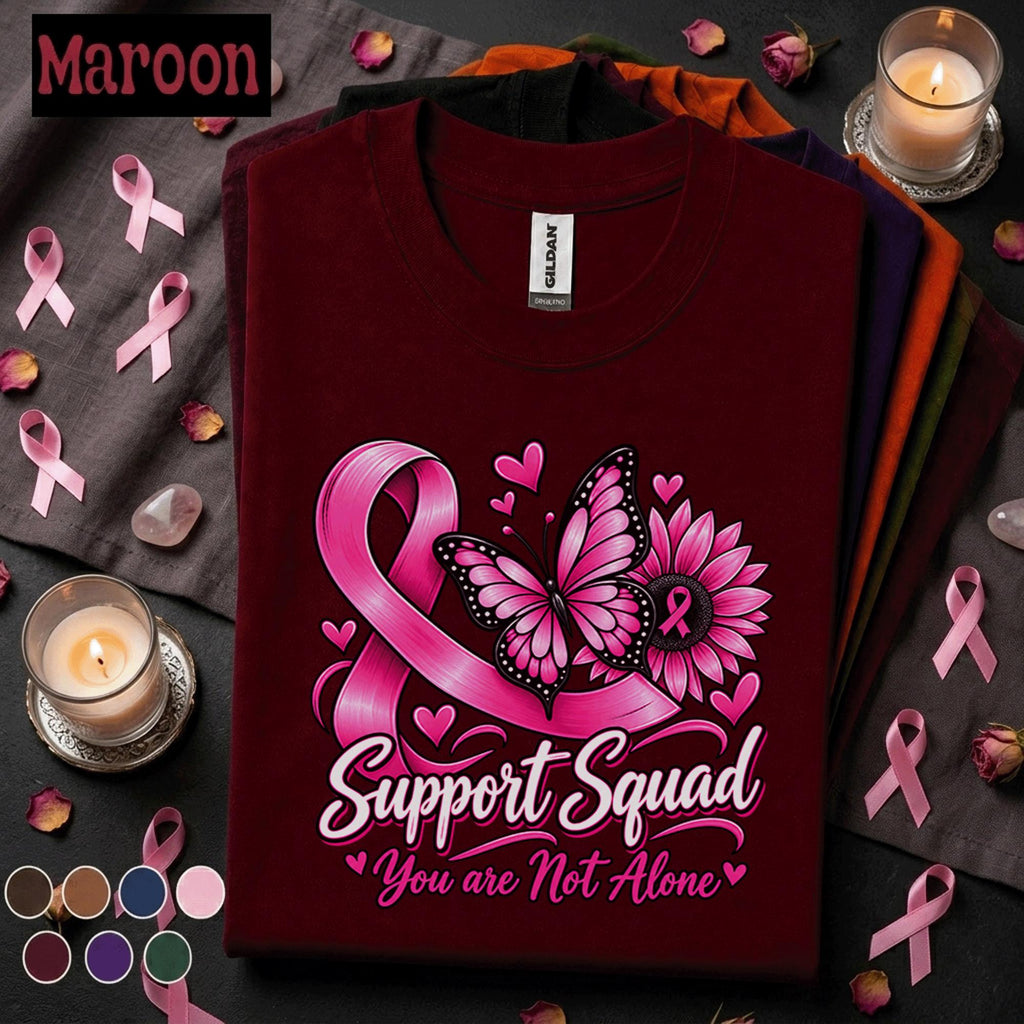 Breast Cancer Awareness Shirt, Support Squad Pink Ribbon Tee, You Are Not Alone Shirt, Butterfly Cancer Fighter Support Gift for Women