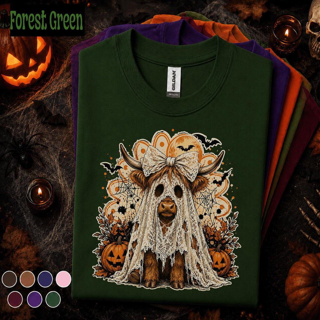 Highland Cow Halloween Shirt, Ghost Costume Cow Tee, Cute Spooky Season Tshirt, Pumpkin Fall Tee, Farmhouse Halloween Gift