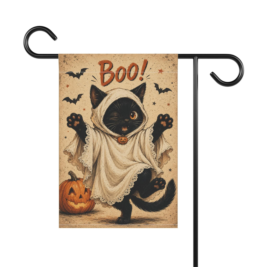 Black Cat Ghost Halloween Garden Flag, Cute Boo Yard Decor, Funny Cat Costume Flag, Pumpkin Spooky Outdoor Porch Garden Decoration