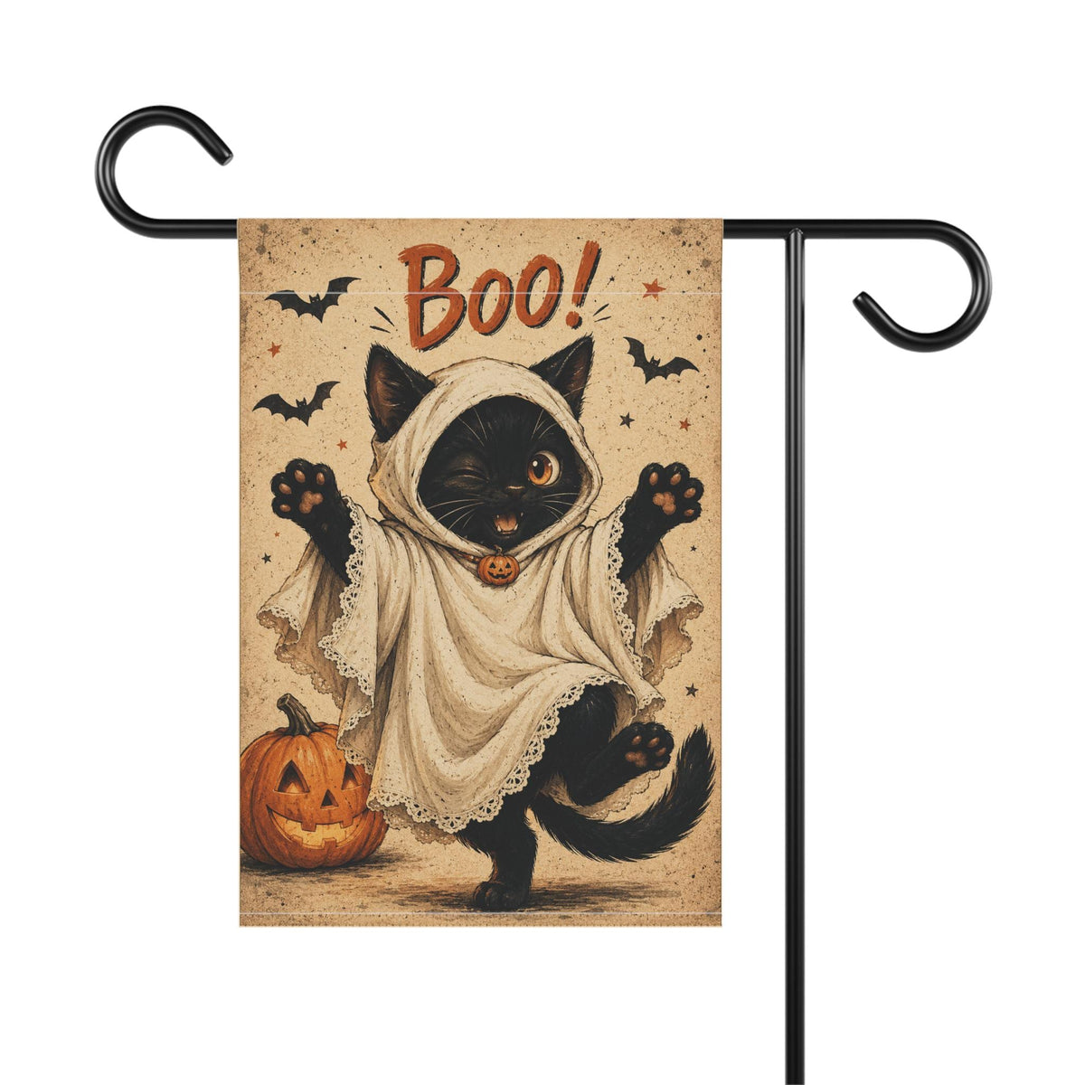 Black Cat Ghost Halloween Garden Flag, Cute Boo Yard Decor, Funny Cat Costume Flag, Pumpkin Spooky Outdoor Porch Garden Decoration