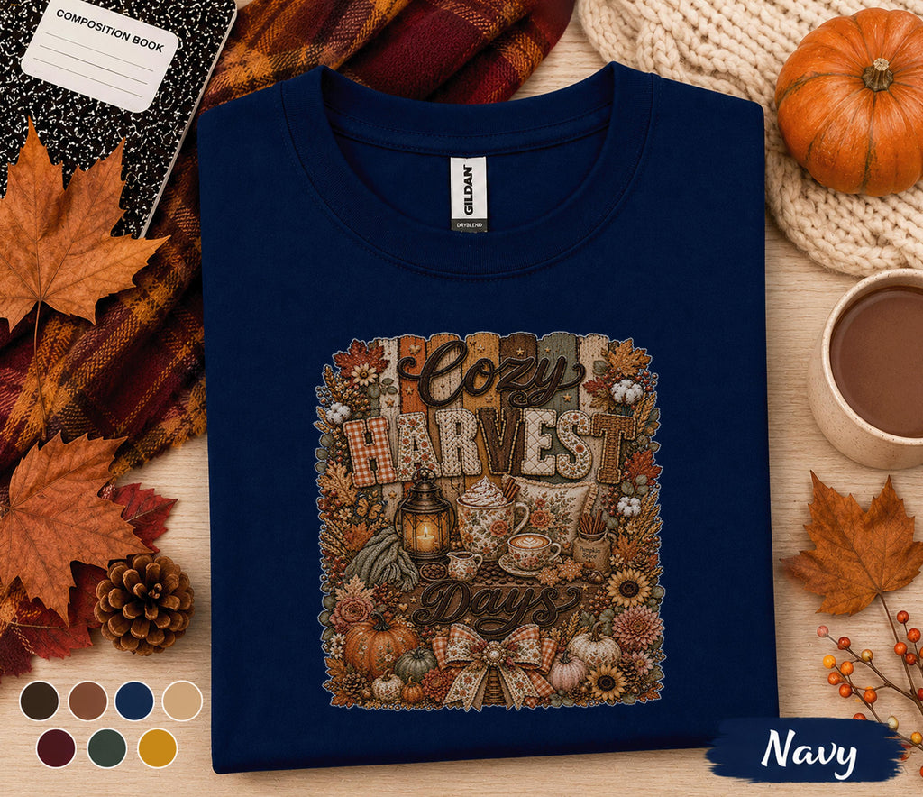 Cozy Harvest Days Shirt, Fall Coffee Lover Tee, Autumn Pumpkin Shirt, Thanksgiving Outfit, Rustic Cozy Season Sweatshirt Gift