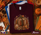 Cozy Pumpkin Books Shirt, Autumn Book Lover Tee, Patchwork Pumpkin Fall T-Shirt, Cottagecore Thanksgiving Outfit, Pumpkin Spice Gift