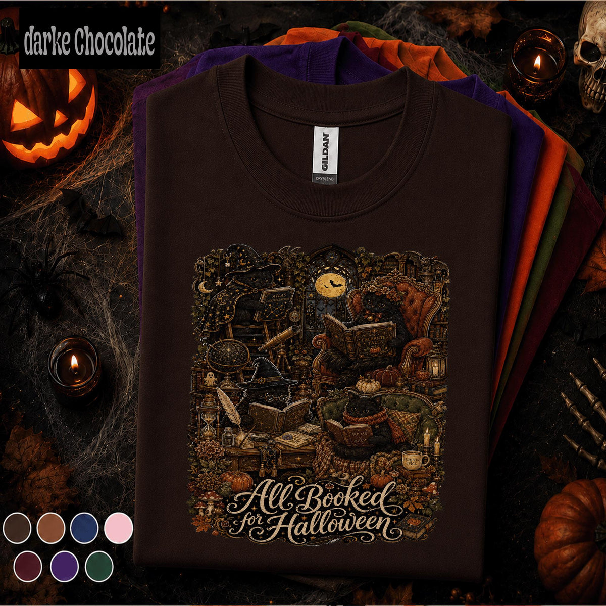 All Booked for Halloween Shirt, Gothic Black Cat Book Lover Tee, Witchy Library Shirt, Dark Academia Reader Gift, Spooky Autumn Bookish Tee