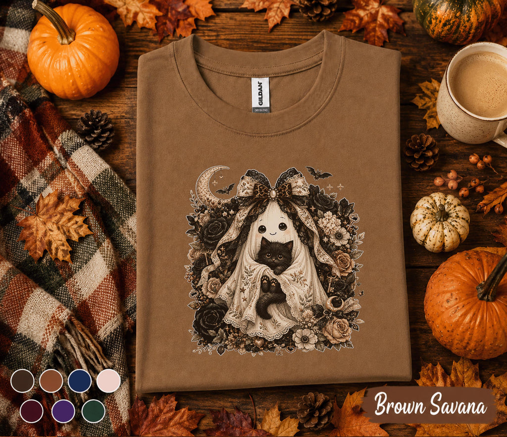Cute Ghost Cat Halloween Shirt, Black Kitten Boo Tee, Spooky Floral Ghost T-Shirt, Gothic Autumn Cat Lover Gift, Witchy Fall Shirt