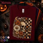 Floral Skull Halloween Shirt, Gothic Daisy T Shirt, Spooky Season Tee, Checkerboard, Celestial Witchy Fall Gift for Women
