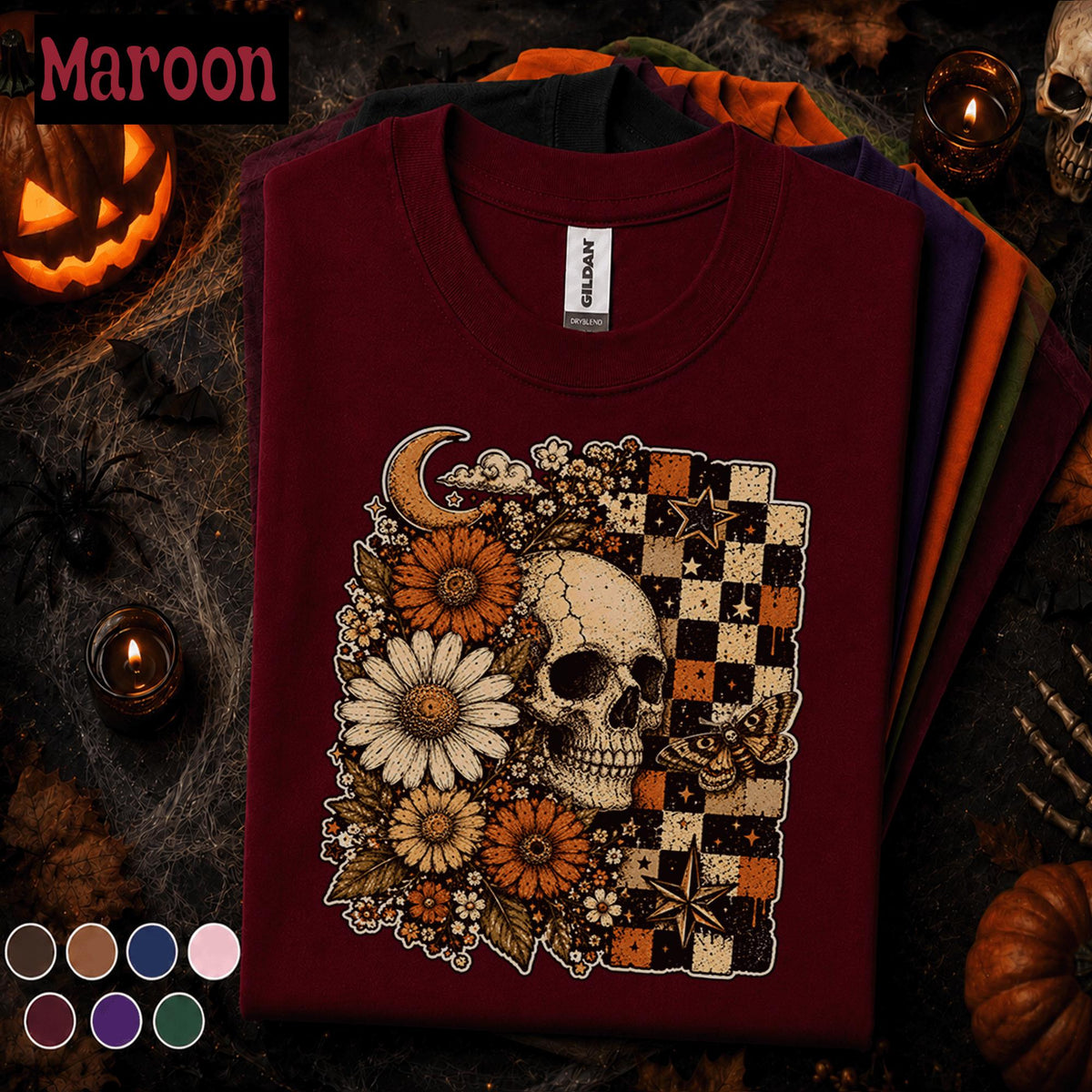 Floral Skull Halloween Shirt, Gothic Daisy T Shirt, Spooky Season Tee, Checkerboard, Celestial Witchy Fall Gift for Women
