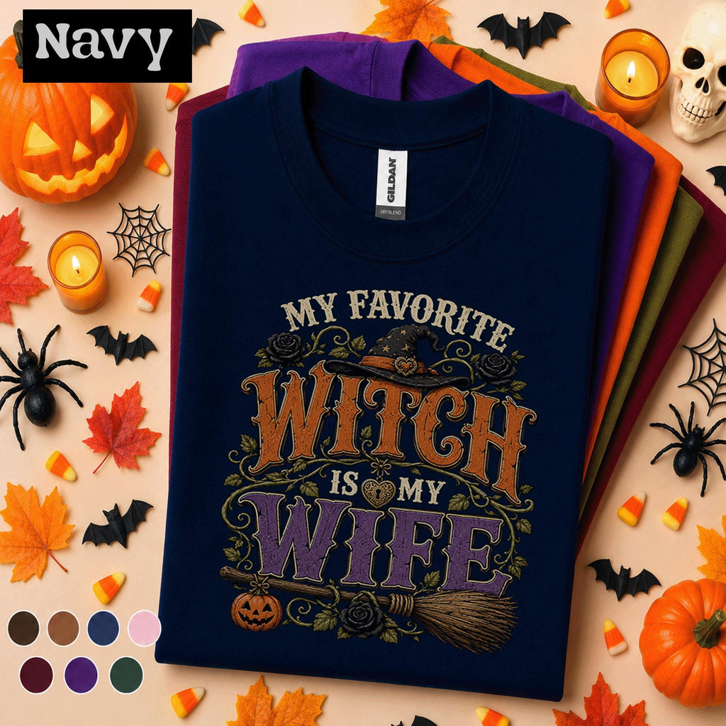 My Favorite Witch Is My Wife Halloween Shirt, Funny Husband Wife Tee, Spooky Witch Gift for Spouse, Vintage Halloween Couples Shirt
