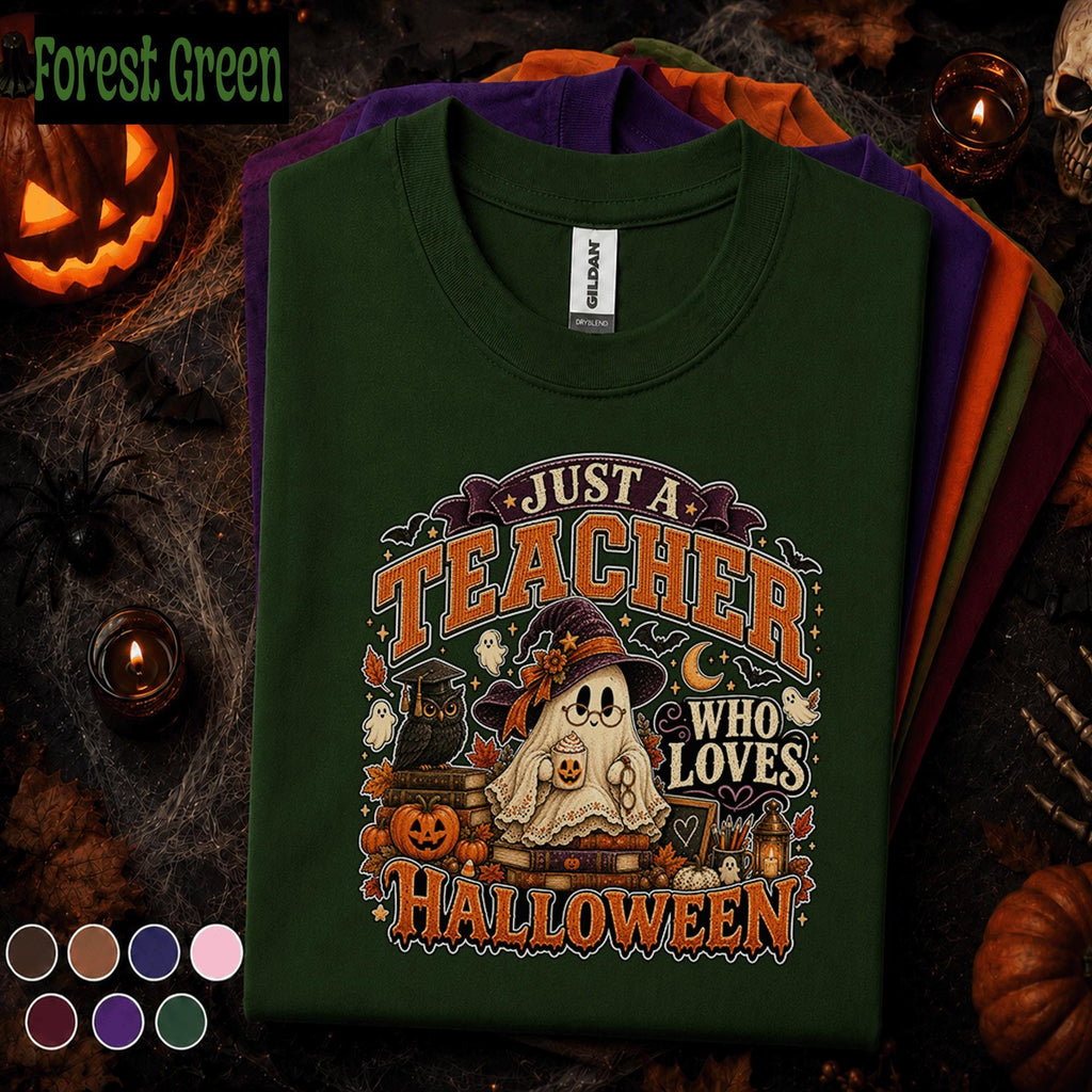 Just a Teacher Who Loves Halloween Shirt, Cute Ghost Teacher Tee, Spooky Pumpkin School Shirt, Retro Fall Classroom Halloween Gift