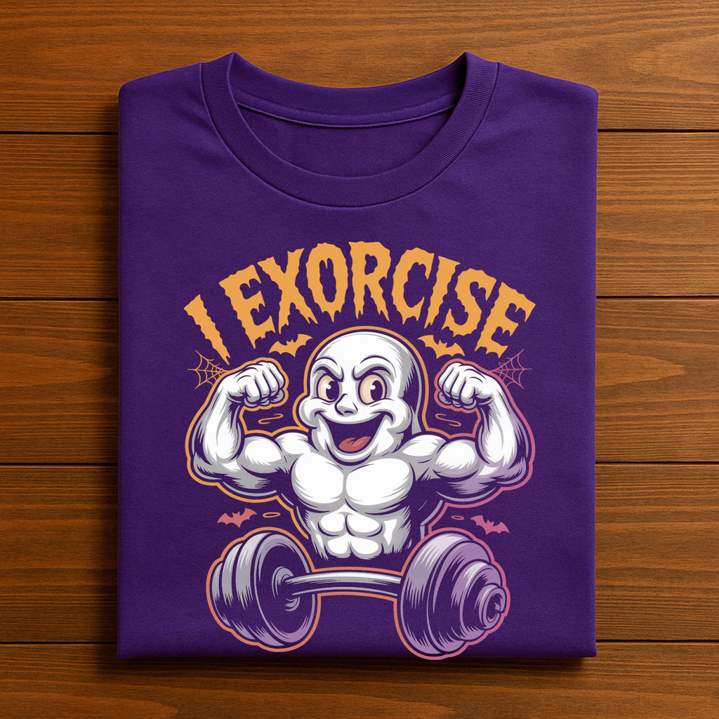 I Exorcise Ghost Shirt, Muscular Ghost Lifting Dumbbell Gym Tee, Spooky Workout Fitness Costume for Gym Rats & Lifters, Halloween Gym Shirt