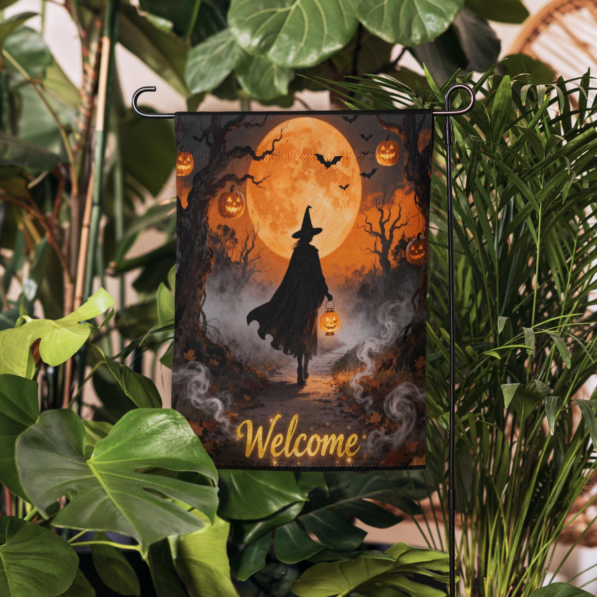 Halloween Witch Garden Flag with Full Moon, Personalized Outdoor Banner, Custom Yard Sign for Porch - Eerie Fall Halloween Party Decoration