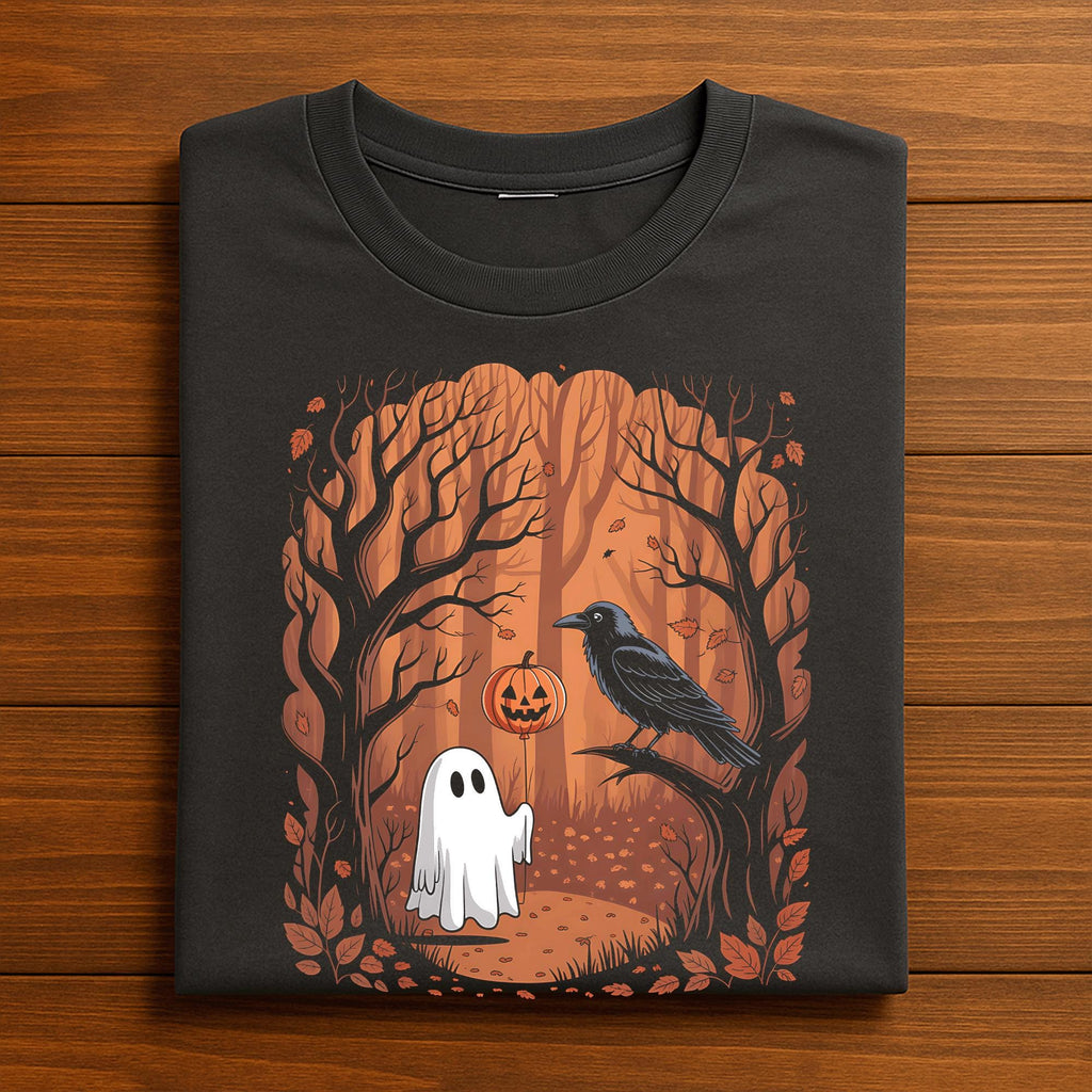 Ghost and Raven Forest Shirt, Autumn Halloween Tee, Spooky Cute Ghost & Crow T-Shirt, Pumpkin Balloon Fall Shirt, Gift Halloween Sweatshirt