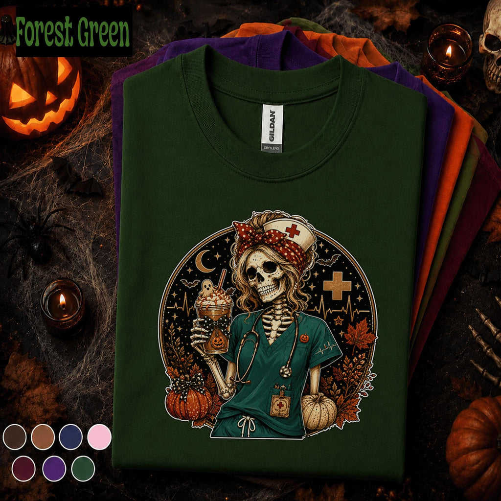 Skeleton Nurse Halloween Shirt, Spooky Registered Nurse Tee, Pumpkin Coffee Nursing Gift, Cute Fall Healthcare Worker Halloween T Shirt
