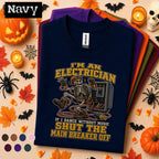 Electrician Halloween Shirt, Funny Skeleton Electrician Tee, Shut Main Breaker Off, Electrical Worker Gift, Spooky Tradesman T-Shirt