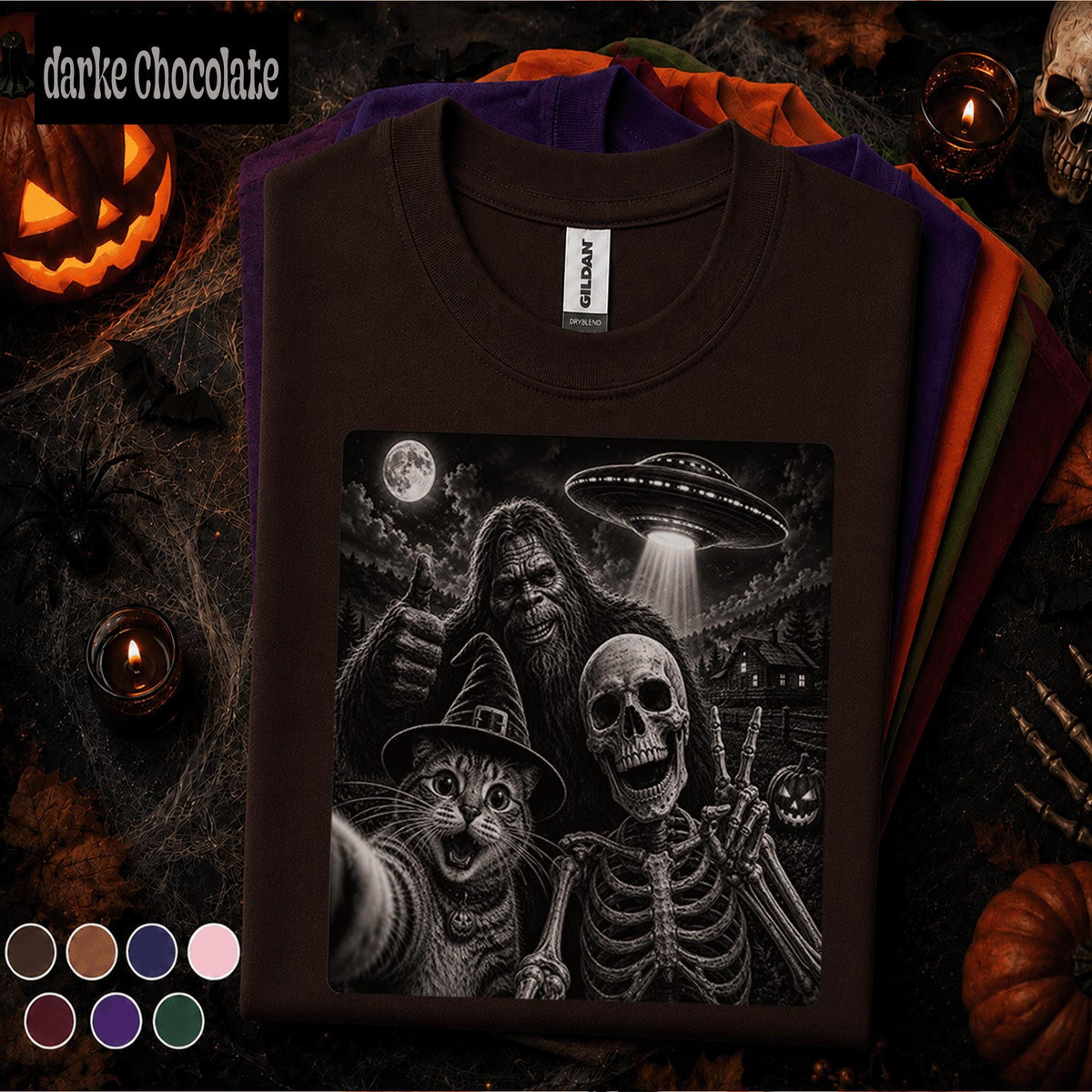 Bigfoot Halloween Shirt, Skeleton Witch Cat Selfie Tee, Funny Sasquatch UFO T Shirt, Spooky Cryptid Halloween Tee, Weird Gift