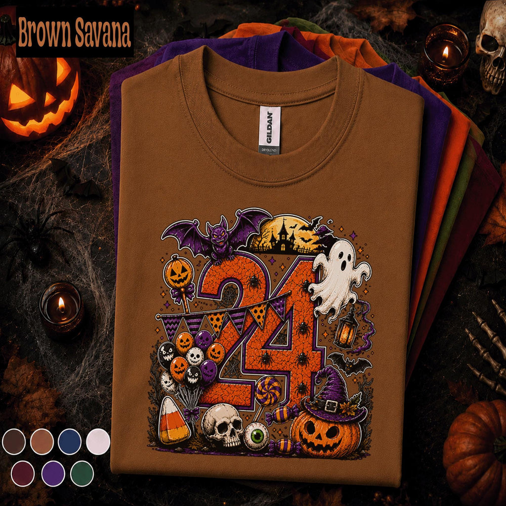24th Birthday Halloween Shirt, Spooky Number 24 Tee, October Birthday Party Shirt, Ghost Pumpkin Witch Halloween Gift for Women Men