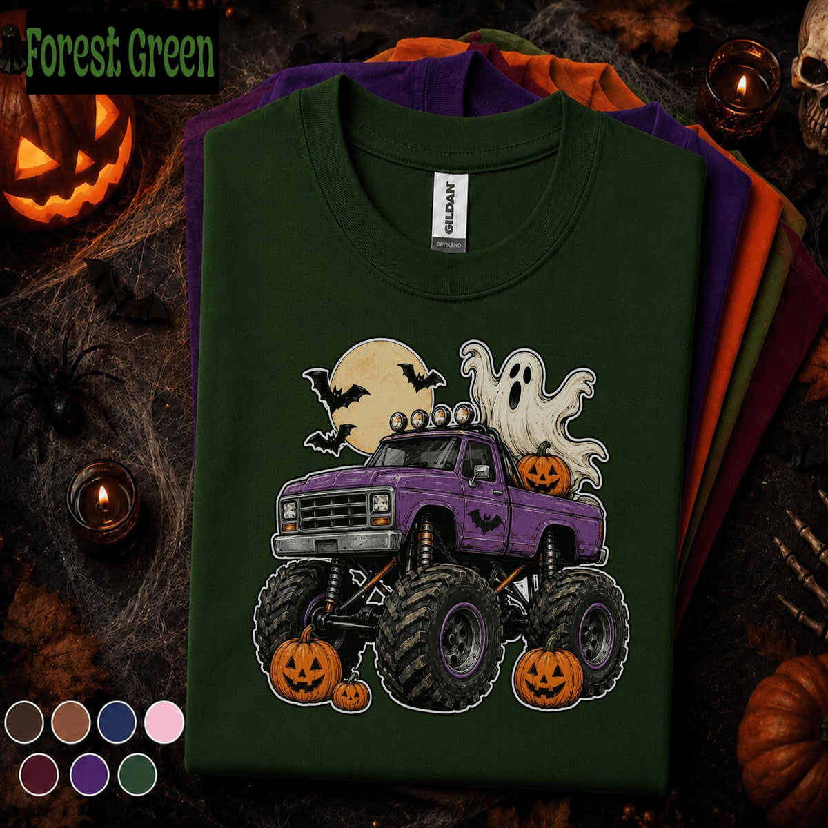 Halloween Monster Truck Shirt, Purple Pickup Ghost Tee, Pumpkin Truck T Shirt, Spooky Off Road, Kids Youth Boys Halloween Gift Truck Lovers