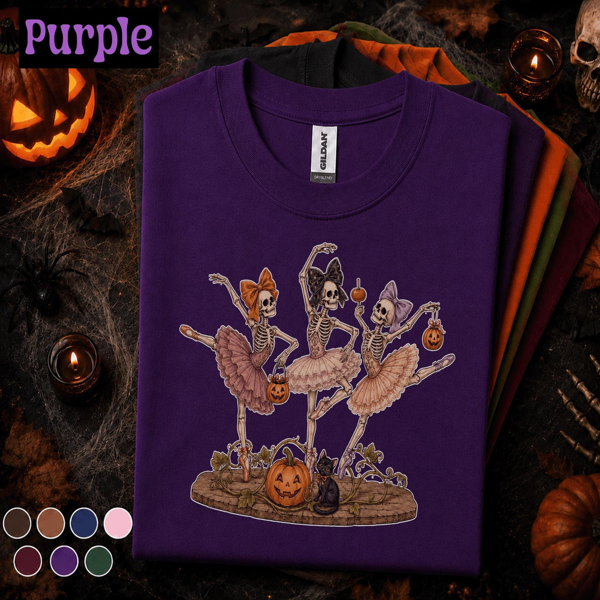 Skeleton Ballerina Halloween Shirt, Dancing Skeleton Ballet Tee, Coquette Spooky Season T Shirt, Cute Pumpkin Halloween Gift for Dancers