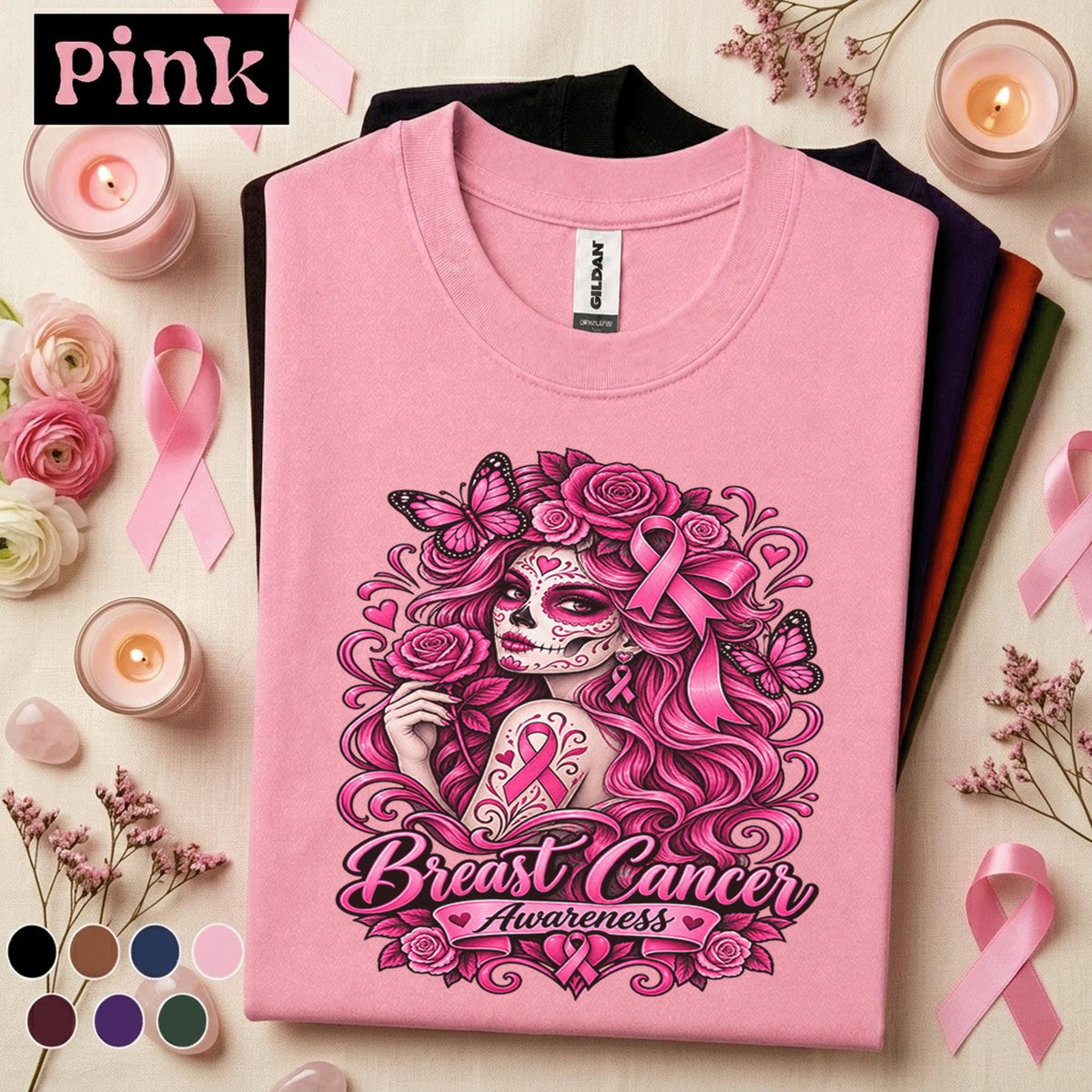 Breast Cancer Awareness Shirt, Pink Ribbon Sugar Skull Tee, Floral Butterfly Survivor Shirt, October Cancer Fighter Gift for Women Her