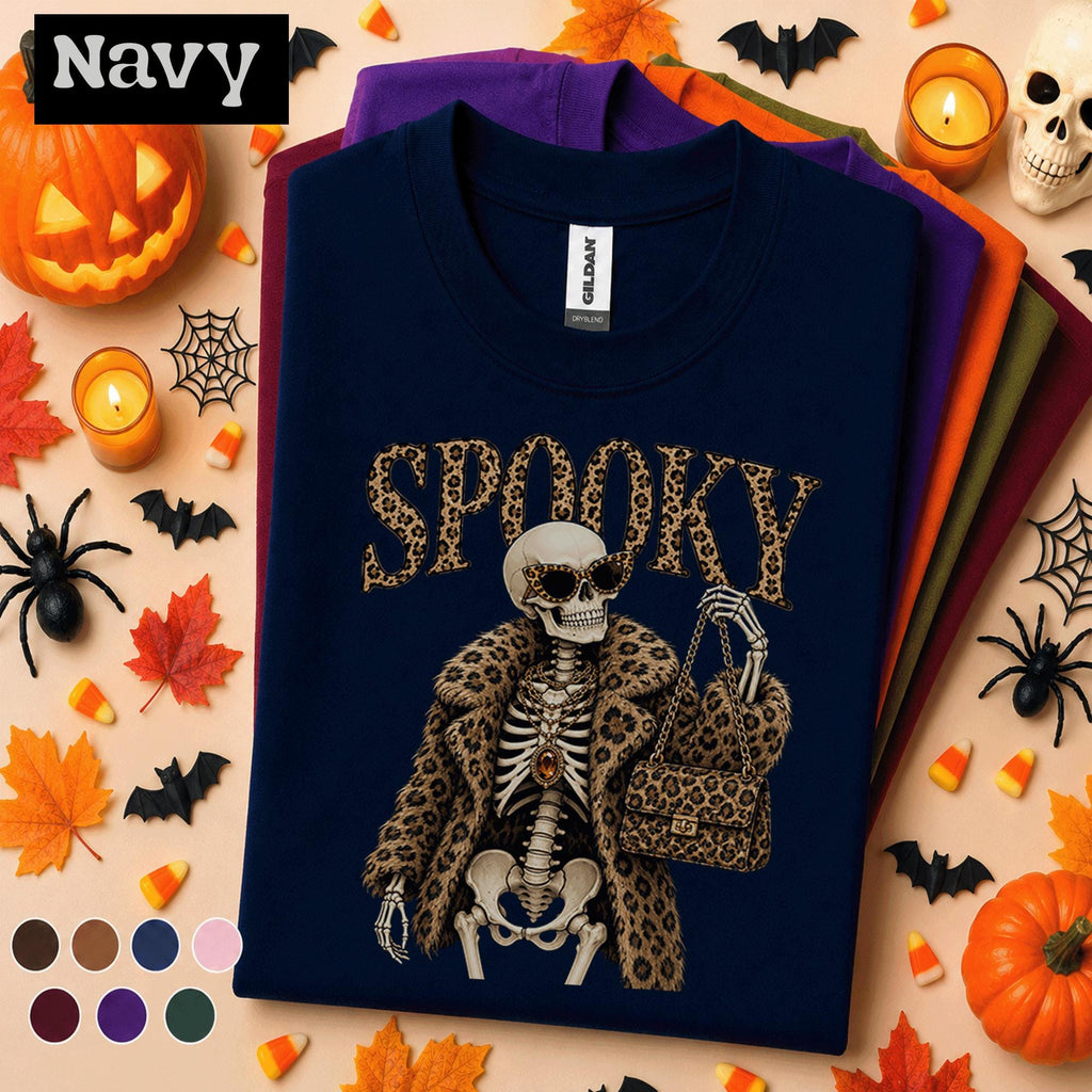Spooky Skeleton Halloween Shirt, Leopard Print Skeleton Tee, Fashion Halloween, Glam Spooky Season Shirt, Skeleton Lover Gift