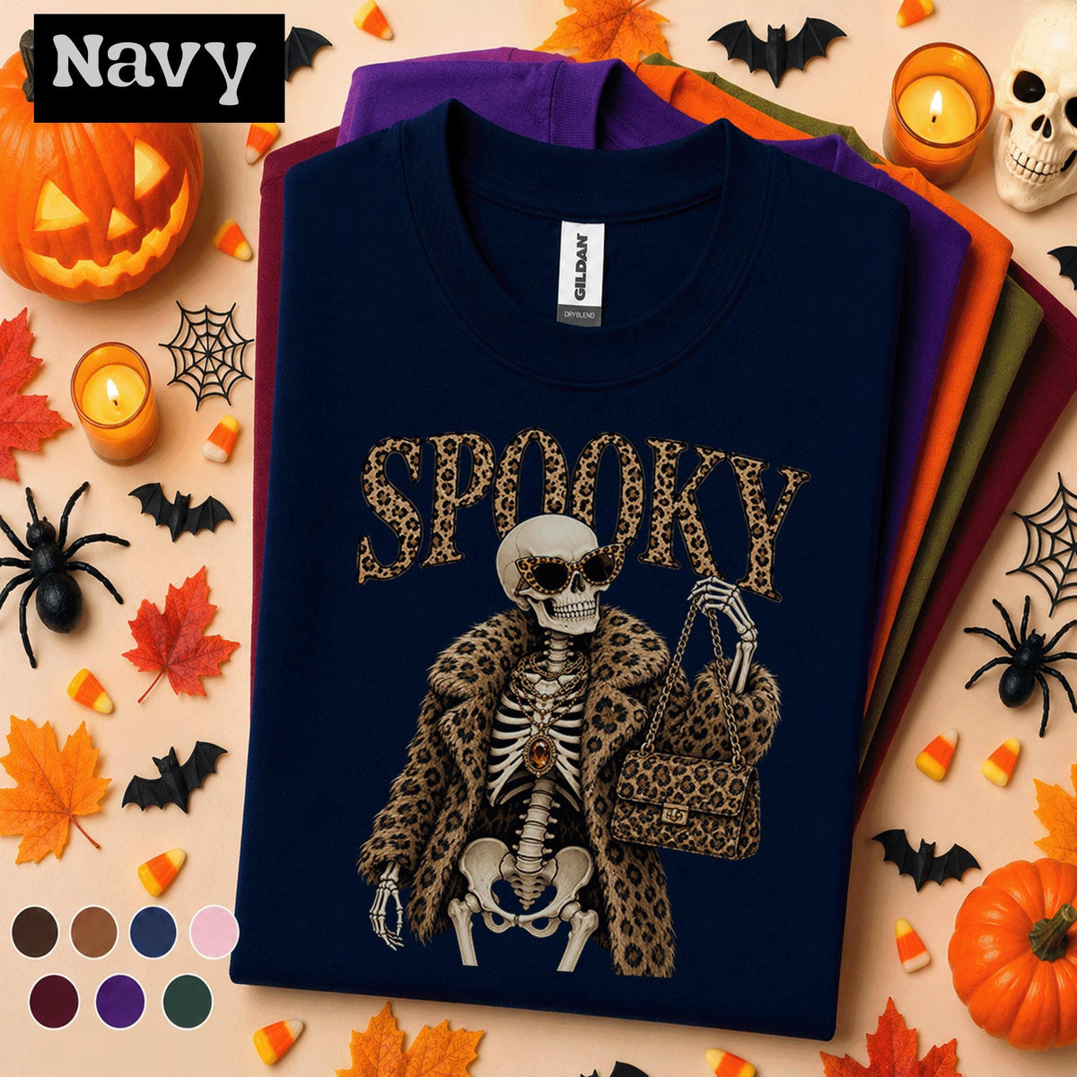 Spooky Skeleton Halloween Shirt, Leopard Print Skeleton Tee, Fashion Halloween, Glam Spooky Season Shirt, Skeleton Lover Gift
