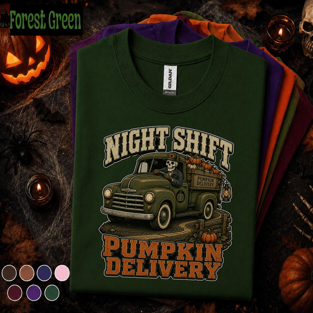 Night Shift Pumpkin Delivery Halloween Shirt, Skeleton Truck Driver Tee, Spooky Trucker Gift, Vintage Fall Pickup Truck Halloween T-Shirt