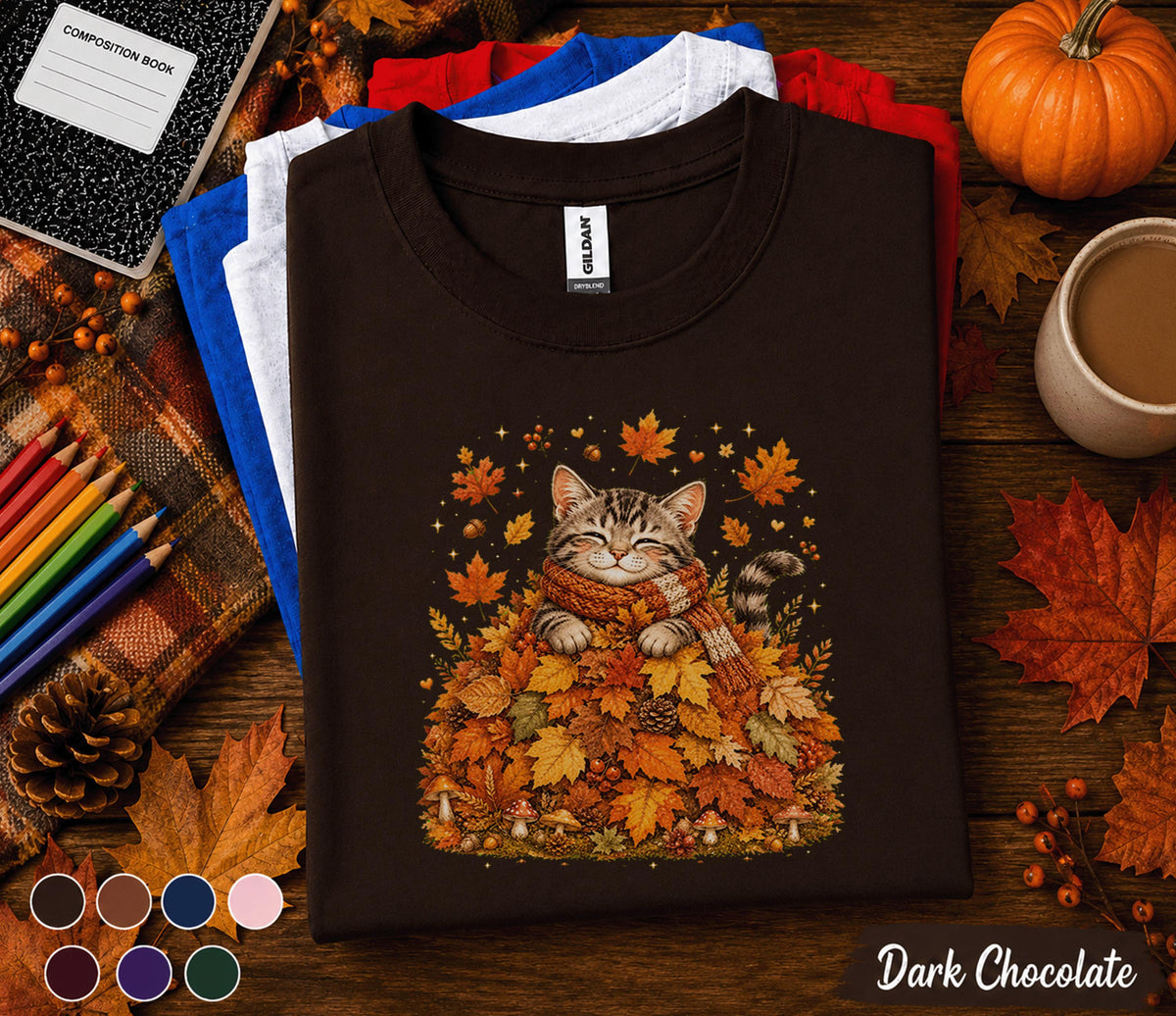 Cute Fall Cat Shirt, Cozy Autumn Kitten Tee, Sleeping Cat in Fall Leaves, Pumpkin Season Cat Lover Gift, Thanksgiving T-Shirt